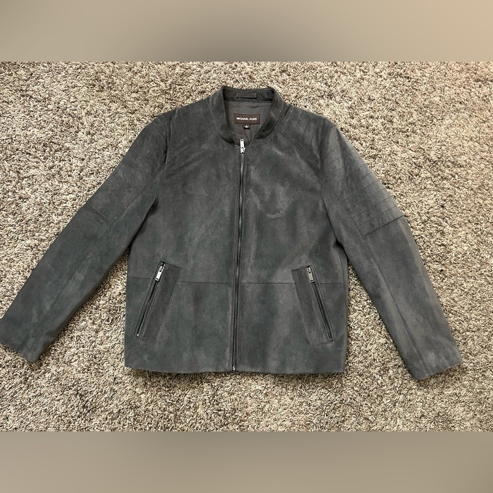 NWT Micheal Kors suede leather racer jacket large grey